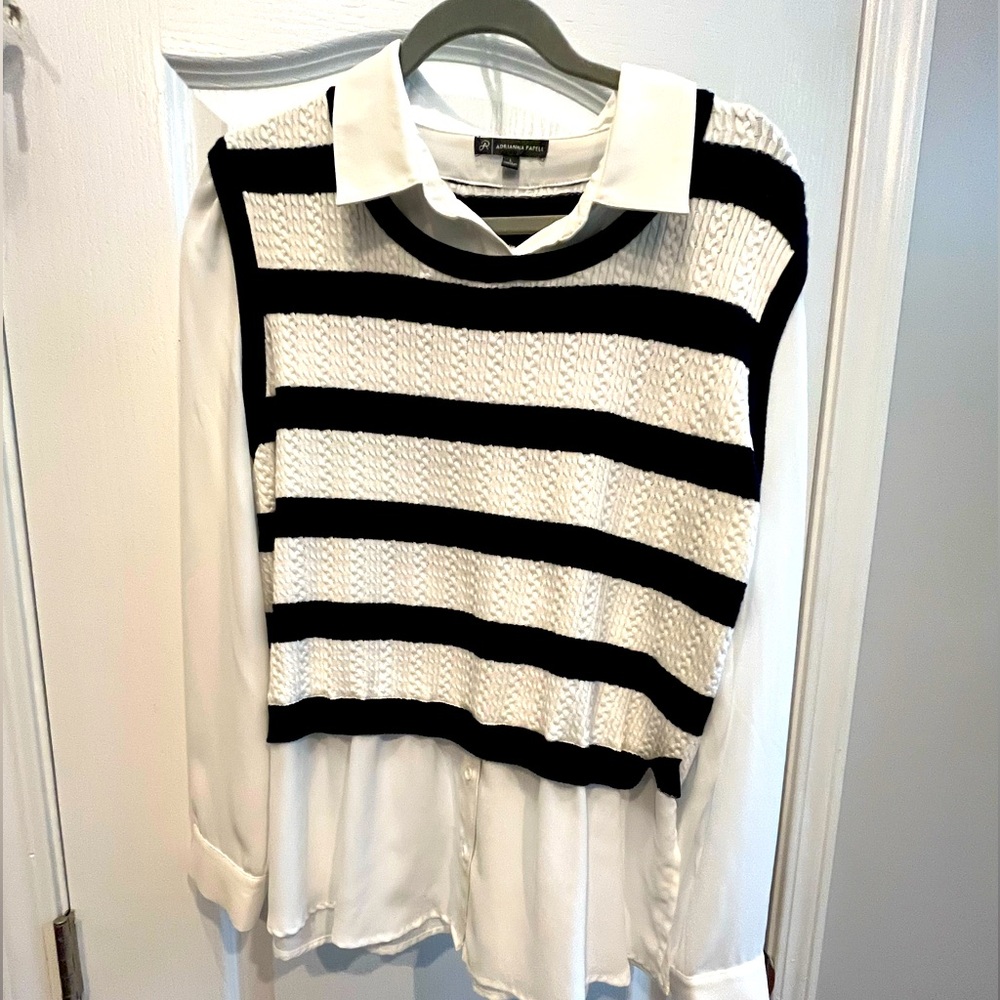 Cute 2-n-1 dressy shirt. White and navy stripes. Size large.